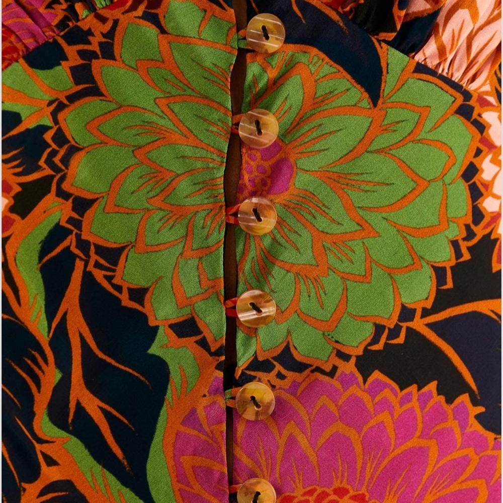 FARM Rio Black Midi Dress with Bright Floral Print (Green, Red, Orange, Pink) - Picture 4 of 11